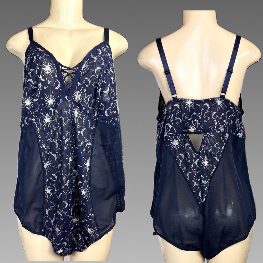 Torrid Curve Blue Silver Sheer Embroidered Celestial Moon Star Mesh Bodysuit +6X